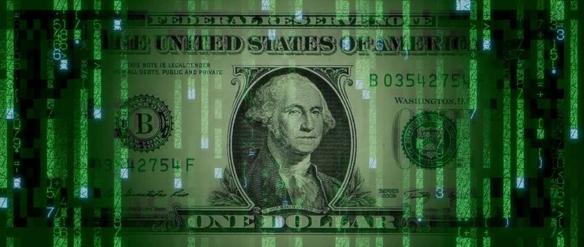 Electronic Money Concept with One Dollar Bill made from Animated Numbers and Symbols. Innovative Finance Background.