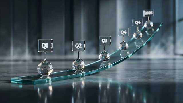 Translucent glass timeline ribbon with crystal milestone spheres &ndash; Suitable for executive board presentations, annual corporate reports, or glass architecture ideas.