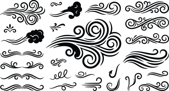 Decorative Wind and Blowing Air Current Silhouette Set with Swirling Gusts, Clouds, Wave Borders, and Elegant Flourish Accents for Weather and Nature Vector Design