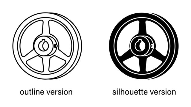 Industrial Pulley: A technical illustration showcasing an industrial pulley in both outline and silhouette versions, highlighting its mechanical design and application in machinery and engineering.