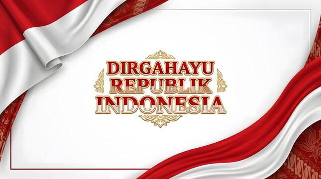 Horizontal background for Indonesia Independence Day featuring elegant flowing red and white silk ribbon fabric on a clean white backdrop.
