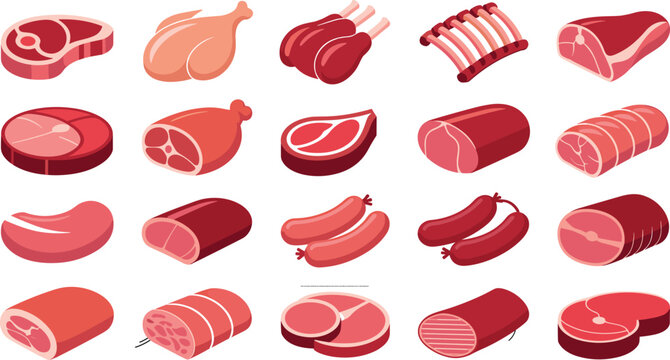 Vector raw meat product set featuring beef steak pork chops ribs chicken ham sausages and butchery cuts isolated on white background.