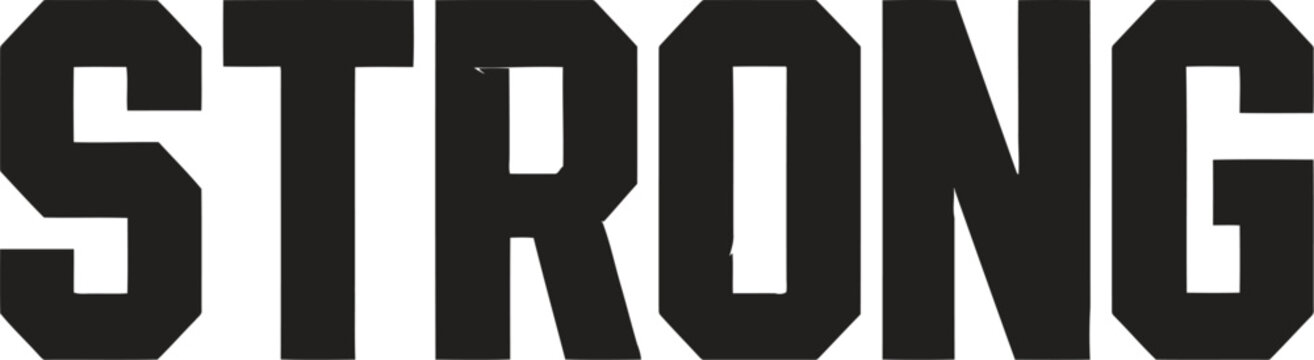 Bold black typography word strong in a thick block font style for athletic and powerful design projects featuring clean lettering for sports branding and motivation