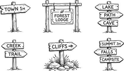 Set of wooden directional sign post illustrations vector collection isolated on white background for outdoor travel and hiking maps © Creative Simz