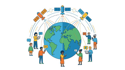 Global Connectivity Concept with Satellites and Diverse People Vector Illustration © Zidna