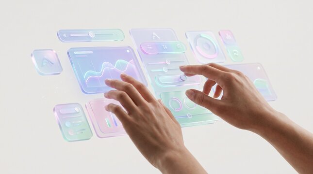 Human Hands Interacting with Futuristic Holographic UI Dashboard on Light Background