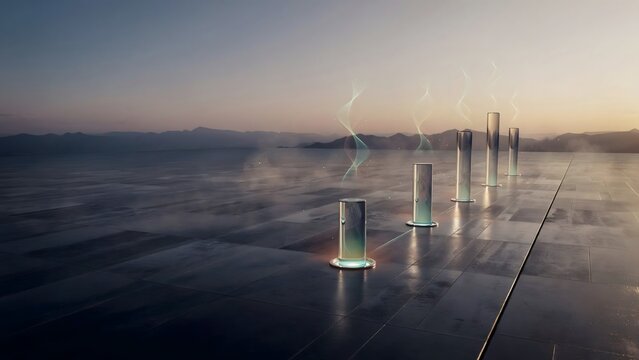 Obsidian timeline pathway with translucent glass pillars at dawn &ndash; Ideal for long range investment tracking, wealth building over time, or corporate destiny themes.