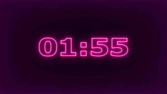 glowing neon 2 minute Countdown. neon 2 to 1 minute Countdown timer .Neon pink digital countdown timer clock displaying minutes and seconds on dark background