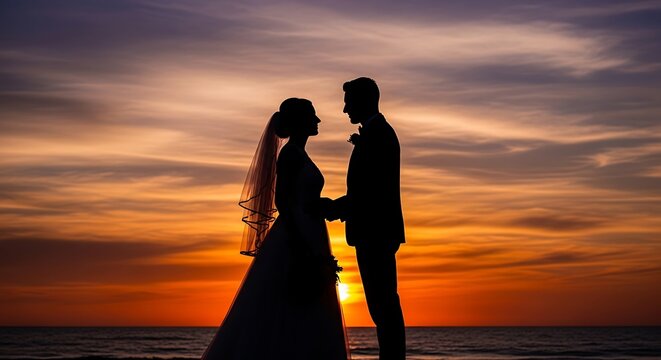 Romantic Silhouette of Couple at Sunset on Beach.