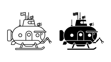 Submarine Icons: A simple graphic representation of a submarine in two styles, line art and silhouette, featuring a mechanical arm and flags, perfect for nautical or technology themes. © jabed