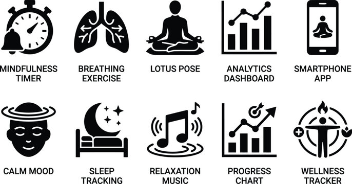 Set of icons for mindfulness, health, and wellness tracking