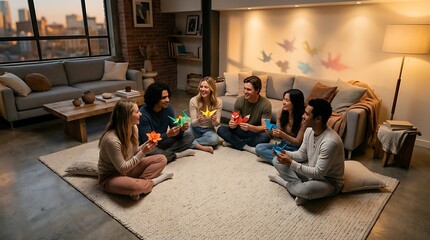 Diverse friends creating origami together in a cozy living room