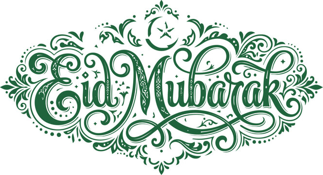 Beautiful eid mubarak text design with green floral ornaments and star crescent moon symbol for islamic holiday greeting card and celebration banner decoration