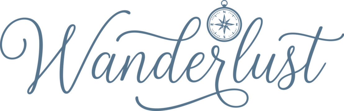 Wanderlust text with a vintage compass icon illustration in elegant cursive calligraphy script for travel and adventure themed designs and creative projects
