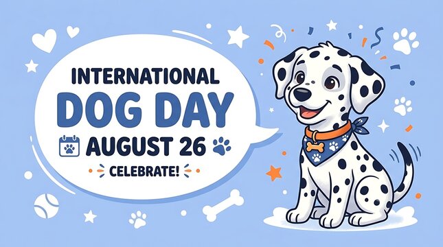 International dog day celebration poster with cute dalmatian puppy, dalmatian