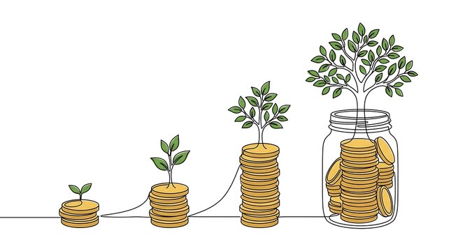 Financial growth concept with plants growing from coin stacks, investment