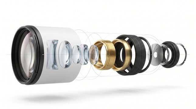Disassembled camera lens showing internal components and structure