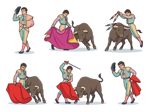 Matador performing different bullfighting actions in cartoon style