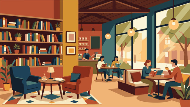 People study and relax in a cozy library lounge with large windows