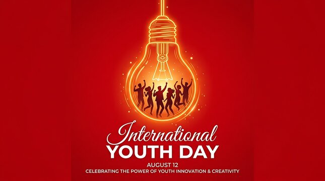 International youth day celebration poster with glowing lightbulb, international