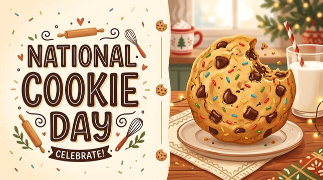 National cookie day celebration poster with chocolate chip cookie and milk