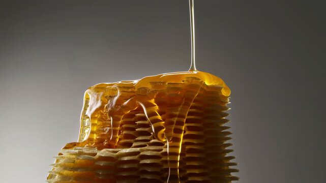 Golden honey stream pouring onto stacked honeycomb sheets, glossy drips forming over layered wax texture with luminous amber highlights and rich hexagonal detail