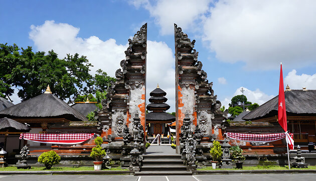 Architectural close up of iconic stone split gate in Bali temple
