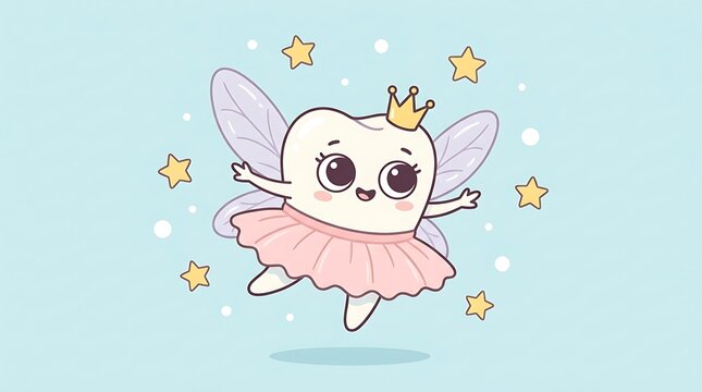 Cute tooth fairy character with wings and tutu flying in magical sky, dentistry