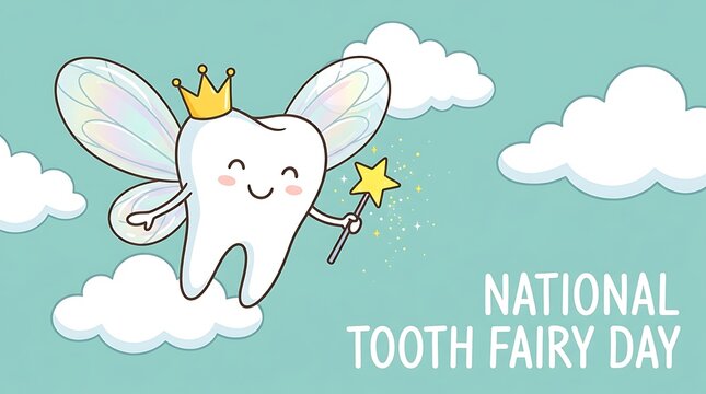 Cute tooth fairy character with wings and magic wand national day card, children