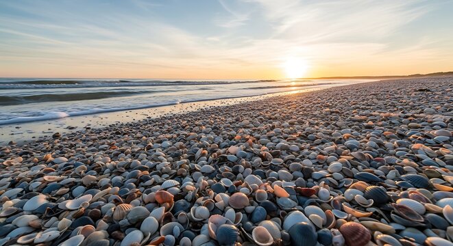 Serene Beach Sunset Over Pebble-Shaped Shoreline with Calm Waves and Vibrant Sky.