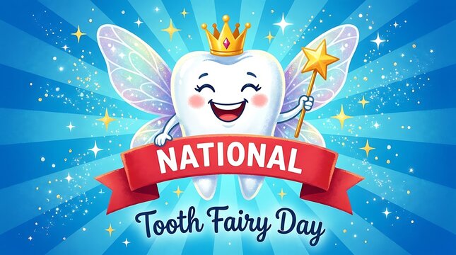 National tooth fairy day festive celebration banner with happy molar character