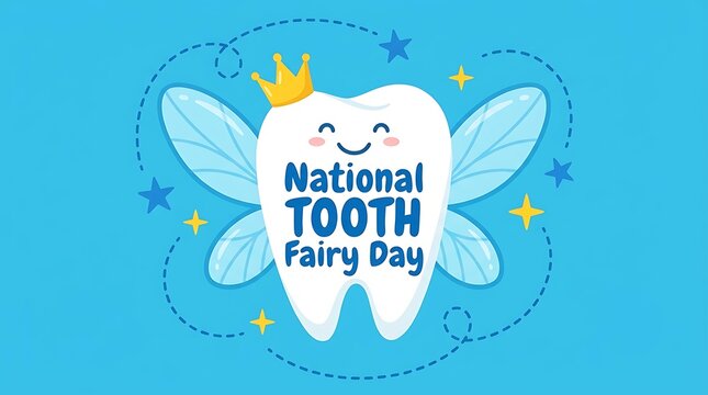 National tooth fairy day celebratory graphic with cute winged tooth character