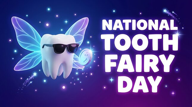 Whimsical national tooth fairy day greeting with cool molar and sparkles
