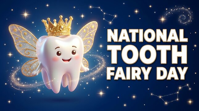 National tooth fairy day festive banner with cute winged tooth and glowing