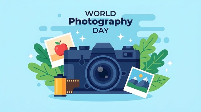 Flat design graphic for world photography day featuring retro camera, pictures