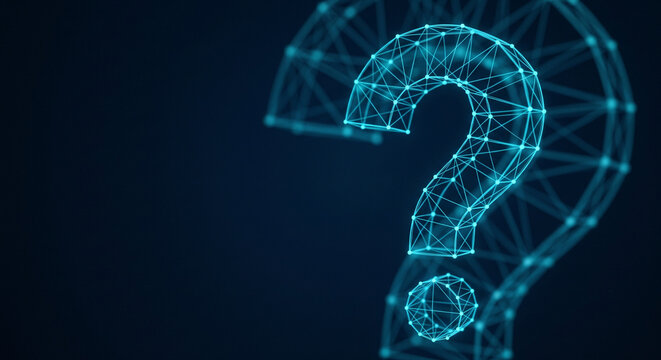 Digital wireframe question mark representing search for knowledge and technical support