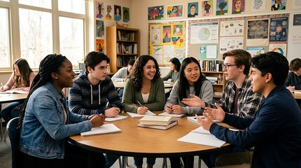 Fototapeta premium Diverse group of teenagers studying together at a round table