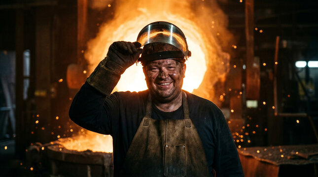 Welder wearing safety gear and face shield inside metallurgical factory. Man working in steel foundry with molten metal furnace background. Heavy industrial production and metal casting