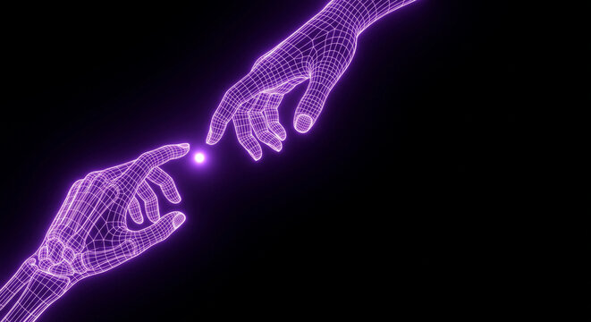 Digital wireframe hands reaching for a spark of light