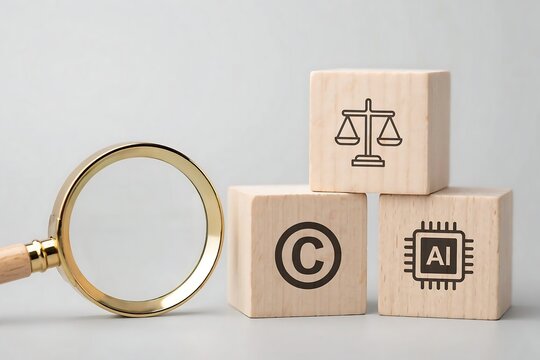 Magnifying Glass Examining Wooden Blocks with Justice, Copyright and Artificial Intelligence Icons