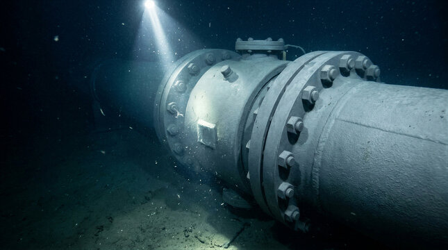 Steel pipeline connection resting on the seabed illuminated by a flashlight. Underwater inspection of industrial subsea infrastructure. Energy and oil transport technology concept