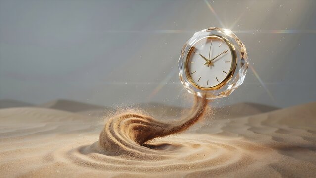 Surreal desert sand swirling into crystal clock &ndash; Perfect for fantasy books, movie promotions, or luxury perfume advertisements.