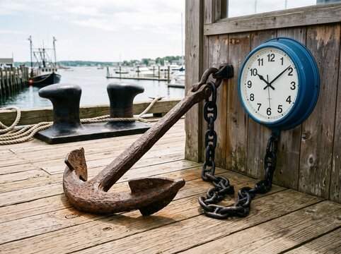 Nautical theme wall clock with old rusty anchor on wooden harbor dock, nautical