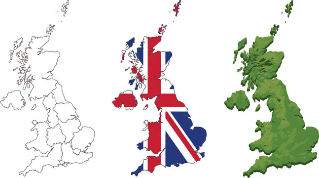 United Kingdom map collection outline flag and topographical style