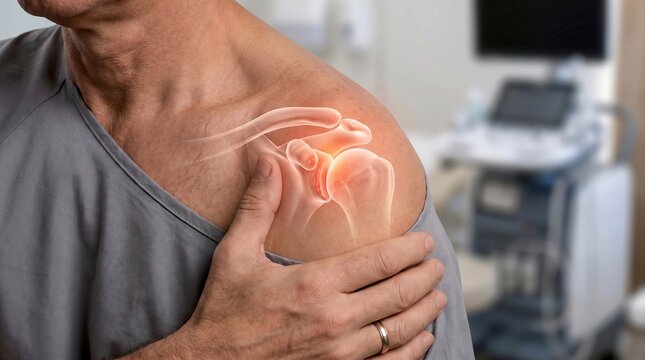 Man Suffering from Shoulder Pain with Transparent Shoulder Joint Anatomy Showing Inflammation