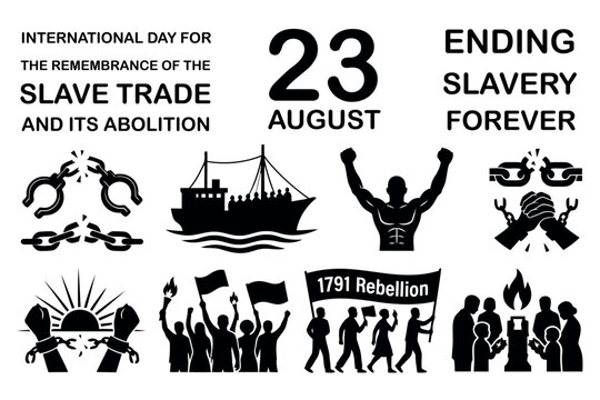 23 August Slave Trade Remembrance Day Elements. Broken Chains and Freedom Silhouettes