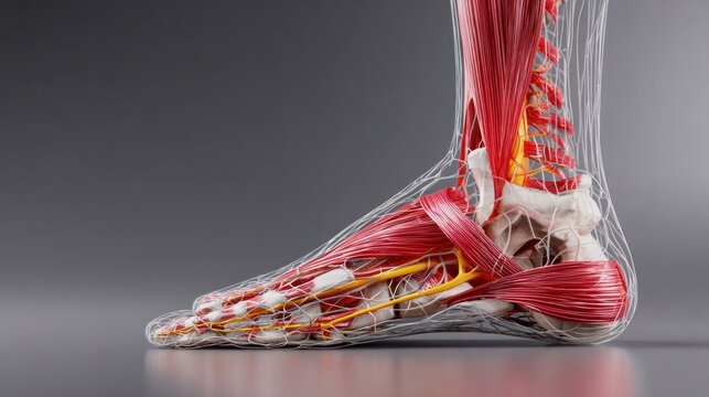 Anatomical Foot and Ankle: A detailed 3D rendering showcases the intricate musculature, bones, tendons, and nerves of the human foot and ankle.