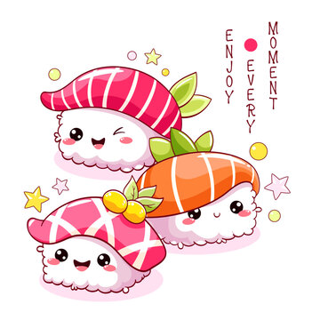 Square card with stack of cute sushi in kawaii style with smiling faces. Japanese traditional cuisine dishes. Can be used for t-shirt print, sticker, greeting card, menu design. Vector EPS8  