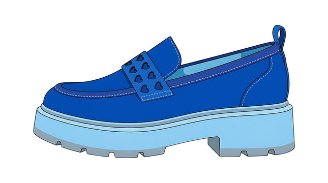 Blue loafer shoe with heart cutouts on a platform sole isolated on transparent background