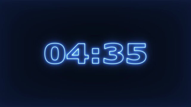 glowing neon 5 minute Countdown. neon 5 to 0 minute Countdown timer .Neon blue digital countdown timer clock displaying minutes for event intro or broadcast overlay